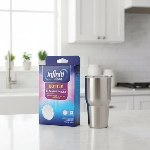 Box of Infiniti Clean bottle cleaning tablets on a white background