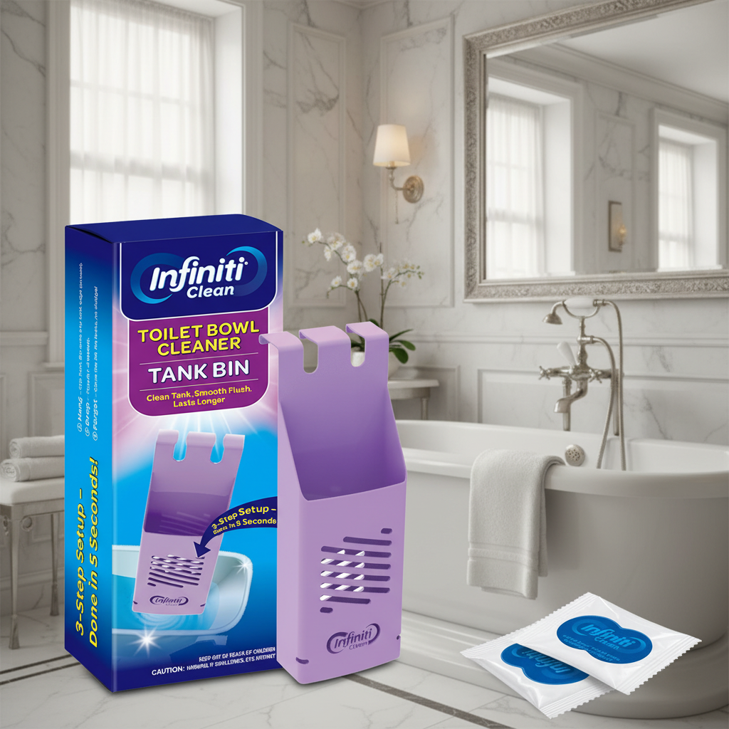 Infiniti Clean toilet bowl cleaner with packaging and packets on a white background