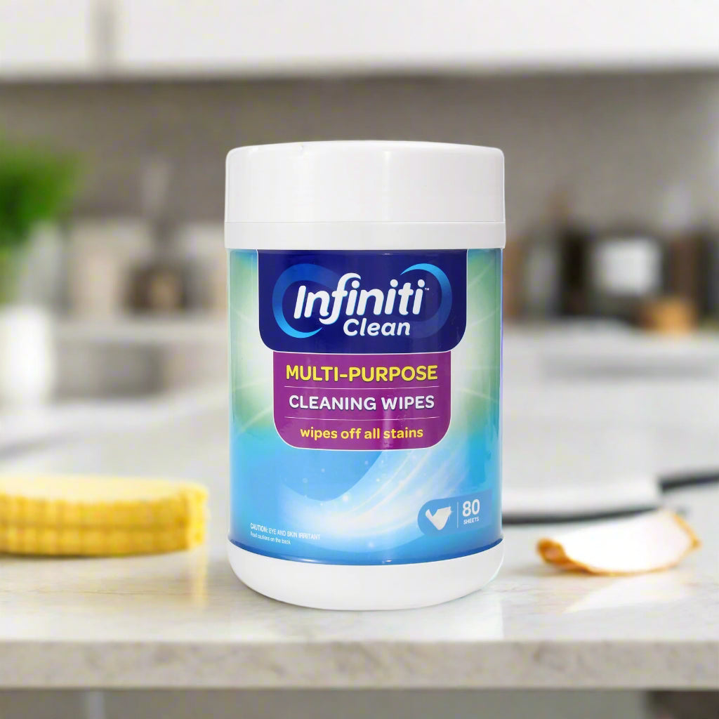 Infiniti Clean multi-purpose cleaning wipes container on a kitchen counter