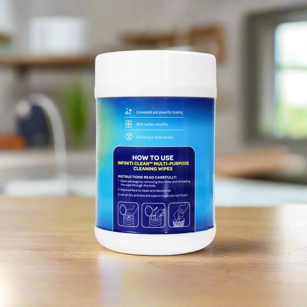 Container of cleaning wipes with instructions on a wooden surface